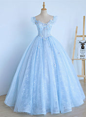 Party Dress For Wedding, Lovely Light Blue Lace Cap Sleeve Sweet 16 Prom Dress, Evening Dress