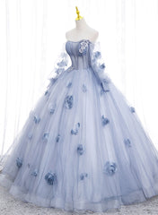 Prom Dressed 2023, Lovely Light Blue Tulle Long Sleeves Sweet 16 Dress, Light Blue Flowers Formal Dress.