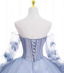 Prom Dresse 2023, Lovely Light Blue Tulle Long Sleeves Sweet 16 Dress, Light Blue Flowers Formal Dress.
