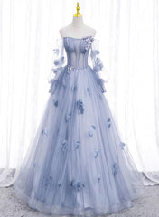 Prom Dress2023, Lovely Light Blue Tulle Long Sleeves Sweet 16 Dress, Light Blue Flowers Formal Dress.