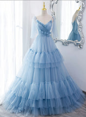 Homecoming Dresses Classy, Lovely Light Blue Tulle with Straps Layers Long Formal Dresses, Blue Evening Gown Party Dresses