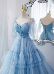 Homecoming Dresses Idea, Lovely Light Blue Tulle with Straps Layers Long Formal Dresses, Blue Evening Gown Party Dresses