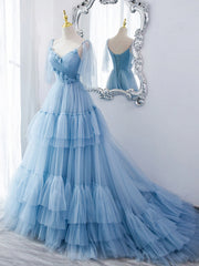Homecoming Dress Classy, Lovely Light Blue Tulle with Straps Layers Long Formal Dresses, Blue Evening Gown Party Dresses