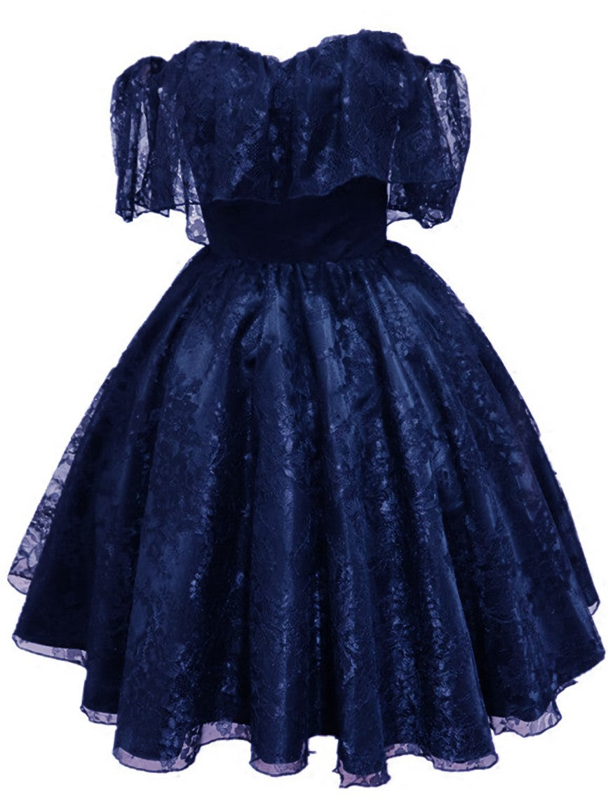 Prom Dresses Prom Dress, Lovely Navy Blue Lace Short Off Shoulder Prom Dress, Navy Blue Lace Homecoming Dresses