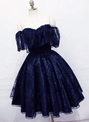 Prom Dress Vintage, Lovely Navy Blue Lace Short Off Shoulder Prom Dress, Navy Blue Lace Homecoming Dresses