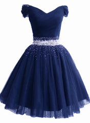 Bridesmaid Dress Lavender, Lovely Off Shoulder Navy Blue Beaded Homecoming Dress, Short Prom Dress