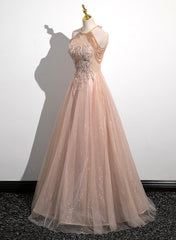 Prom Dresses Guide, Lovely Pearl Pink Halter Tulle with Lace Applique Party Dress, A-line Tulle Long Prom Dress