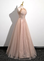 Prom Dress Guide, Lovely Pearl Pink Halter Tulle with Lace Applique Party Dress, A-line Tulle Long Prom Dress