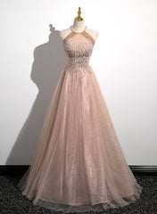 Prom Dresses Shorts, Lovely Pearl Pink Halter Tulle with Lace Applique Party Dress, A-line Tulle Long Prom Dress