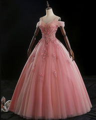 Evening Dress Gown, Lovely Pink Floral Tulle Off Shoulder Flowers Princess Gown, Pink Sweet 16 Formal Dresses
