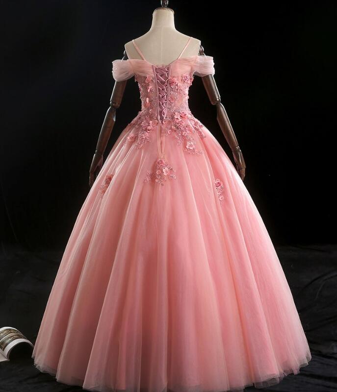 Evening Dress Gowns, Lovely Pink Floral Tulle Off Shoulder Flowers Princess Gown, Pink Sweet 16 Formal Dresses
