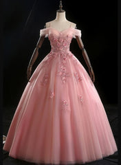 Evening Dress Wholesale, Lovely Pink Floral Tulle Off Shoulder Flowers Princess Gown, Pink Sweet 16 Formal Dresses
