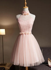 Prom Dresses Long With Sleeves, Lovely Pink Halter Tulle Flowers Short Prom Dress Homecoming Dress, Pink Graduation Dresses Party Dresses