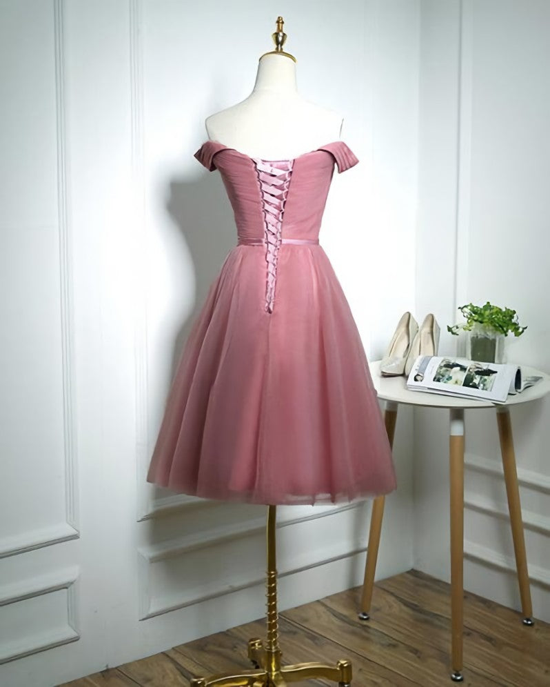 Formal Dressing Style, Lovely Pink Off Shoulder Knee Length Party Dress, Pink Prom Dress