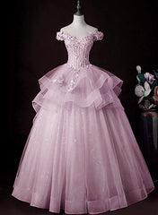 Floral Dress, Lovely Pink Off Shoulder Long Formal Dress, Pink Sweet 16 Formal Dress Prom Dress