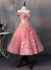 Party Dress Jeans, Lovely Pink Off Shoulder Party Dress, Lace Applique Prom Dress