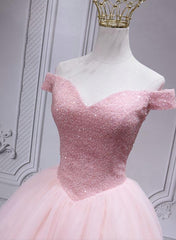 Prom Dress Blush, Lovely Pink Off Shoulder Style Princess Tulle Homecoming Dress, Pink Prom Dress Party Dress