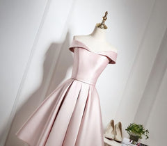 Formal Dresses For Fall Wedding, Lovely Pink Satin Off Shoulder Knee Length Formal Dress, Homecoming Dress
