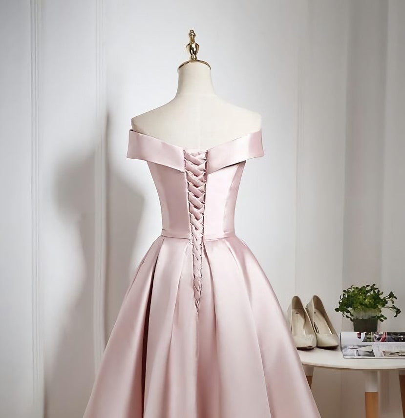 Formal Dress For Girls, Lovely Pink Satin Off Shoulder Knee Length Formal Dress, Homecoming Dress