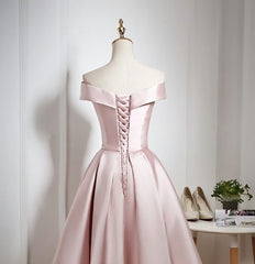Formal Dress For Girls, Lovely Pink Satin Off Shoulder Knee Length Formal Dress, Homecoming Dress