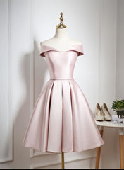 Formal Dresses For Winter Wedding, Lovely Pink Satin Off Shoulder Knee Length Formal Dress, Homecoming Dress