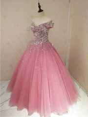 Club Dress, Lovely Pink Tulle Off Shoulder Sweet 16 Party Dress, Long Formal Gown