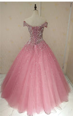 On Shoulder Dress, Lovely Pink Tulle Off Shoulder Sweet 16 Party Dress, Long Formal Gown