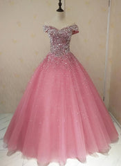 Evening Dress Long, Lovely Pink Tulle Off Shoulder Sweet 16 Party Dress, Long Formal Gown