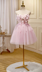 Black Tie Dress, Lovely Pink Tulle with Flowers Short Party Dress, Pink Tulle Homecoming Dresses