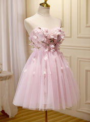 Short Formal Dress, Lovely Pink Tulle with Flowers Short Party Dress, Pink Tulle Homecoming Dresses
