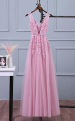 Party Dresses, Lovely Pink V-neckline Long Party Dress ,Tulle Bridesmaid Dress