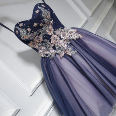 Formal Dress Fashion, Lovely Purple-Blue Knee Length Flowers Sweetheart Homecoming Dress, Short Prom Dress