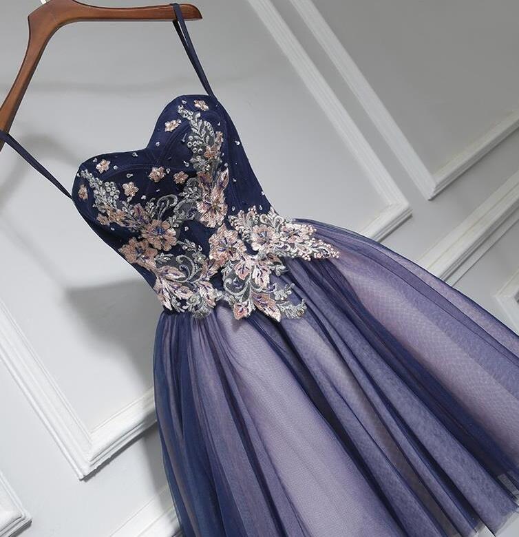 Formal Dress Elegant, Lovely Purple-Blue Knee Length Flowers Sweetheart Homecoming Dress, Short Prom Dress