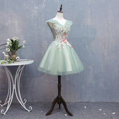 Prom Dresses Affordable, Lovely Short Tulle V-neckline with Flower Lace Party Dress Homecoming Dress, Short Formal Dresses