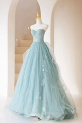 Royal Dress, Lovely Sweetheart Neckline Tulle Long Prom Dress with Lace, Strapless Evening Dress