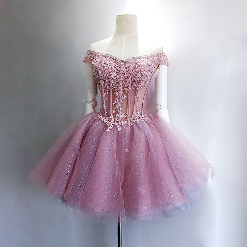 Homecomming Dress Long, Lovely Tulle Light Pink-Purple Mini Party Dress, Lovely Off Shoulder Lace-up Homecoming Dress