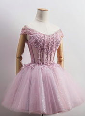 Homecomeing Dresses Long, Lovely Tulle Light Pink-Purple Mini Party Dress, Lovely Off Shoulder Lace-up Homecoming Dress