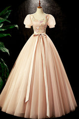 Prom Dress Inspiration, Lovely Tulle Sequins Long Prom Dress, A-Line Short Sleeve Evening Party dress