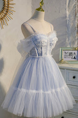 Party Dress Code, Lovely Tulle Spaghetti Strap Short Prom Dresses, A-Line Lace Homecoming Dresses