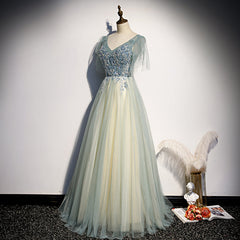 Bridesmaid Dresses Elegant, Lovely Tulle with Beaded V-neckline Long Party Dress, A-line Prom Dress Evening Dress