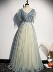 Beach Dress, Lovely Tulle with Beaded V-neckline Long Party Dress, A-line Prom Dress Evening Dress