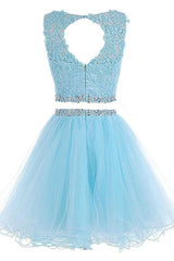 Party Dresses Designer, Lovely Two Piece Tulle with Lace Applique, Short Prom Dress