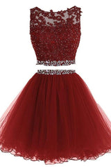 Party Dress Code, Lovely Two Piece Tulle with Lace Applique, Short Prom Dress