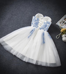Formal Dress Black Dress, Lovely White Tulle Party Dress with Blue Applique, Homecoming Dress
