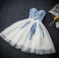 Formal Dress Classy, Lovely White Tulle Party Dress with Blue Applique, Homecoming Dress