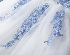 Formal Dressed Long Gowns, Lovely White Tulle Party Dress with Blue Applique, Homecoming Dress