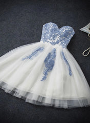 Formal Dress Cheap, Lovely White Tulle Party Dress with Blue Applique, Homecoming Dress