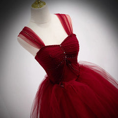 Evening Dress Red, Lovely Wine Red Princess Tulle Beaded Long Party Dress, Dark Red Formal Gown