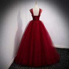 Evening Dress Sleeve, Lovely Wine Red Princess Tulle Beaded Long Party Dress, Dark Red Formal Gown