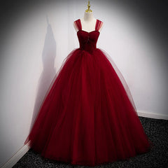 Evening Dress Sleeves, Lovely Wine Red Princess Tulle Beaded Long Party Dress, Dark Red Formal Gown